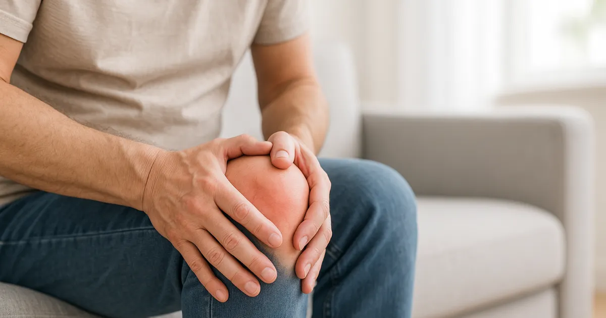 Starsza osoba trzymająca się za bolące kolano, co symbolizuje ból i sztywność stawów w przebiegu RZS lub choroby zwyrodnieniowej.
