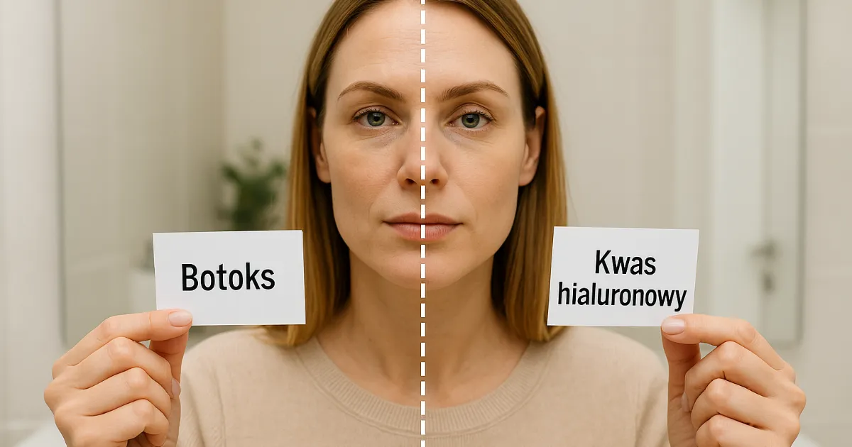 Twarz kobiety z zaznaczonymi miejscami do zabiegów z użyciem botoksu i kwasu hialuronowego.